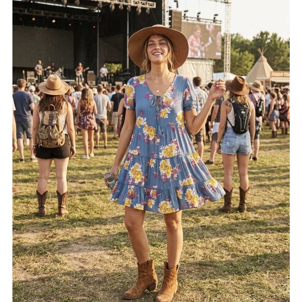 SO Floral Tiered Mini Dress Tassel Tie Babydoll Blue M Cottage Festival Boho